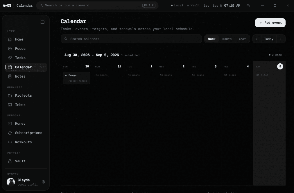 AyOS Calendar screen — Tasks, events, and renewals on a shared schedule