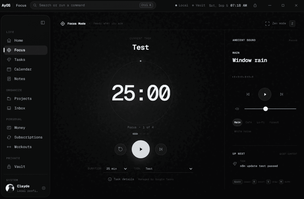 AyOS Focus screen — Space for the task at hand