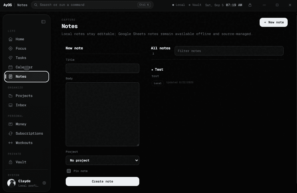 AyOS Notes screen — A place to capture ideas