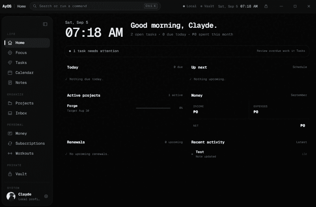 AyOS Home screen — Tasks, projects, and money in one daily overview