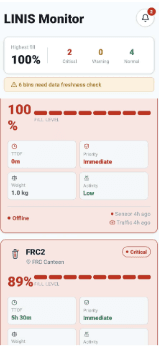 LINIS Android application showing bin monitoring information